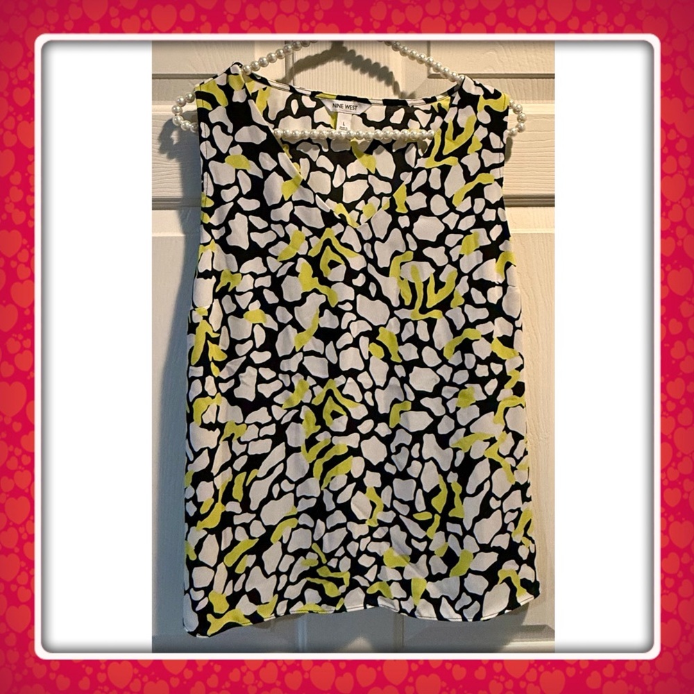 Nine West Sleeveless top blouse - large - black gray yellow/green - excellent!